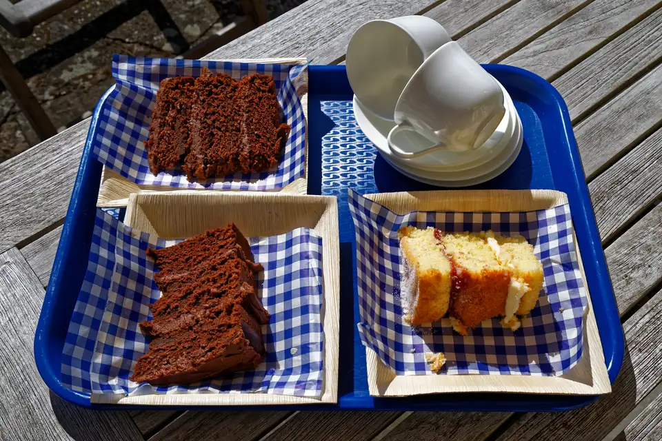 Slices of chocolate layer cake and jam sponge on a cafe tray in the sun.